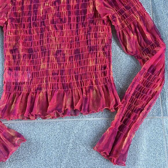 NWOT Free People Hello There Ruffled Sheer Mesh Top Red Pink Orange Abstract XS - Picture 13 of 16